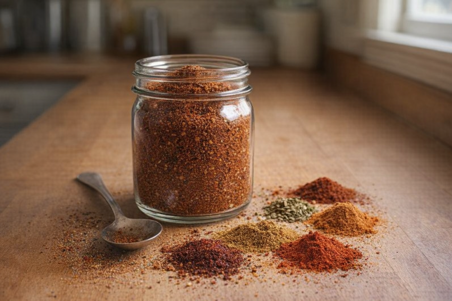 A vibrant close-up shot of a glass jar filled with homemade taco seasoning, a spoon resting beside it, with individual spices like chili powder, cumin, and paprika scattered artfully around the jar on a wooden surface, warm, natural lighting